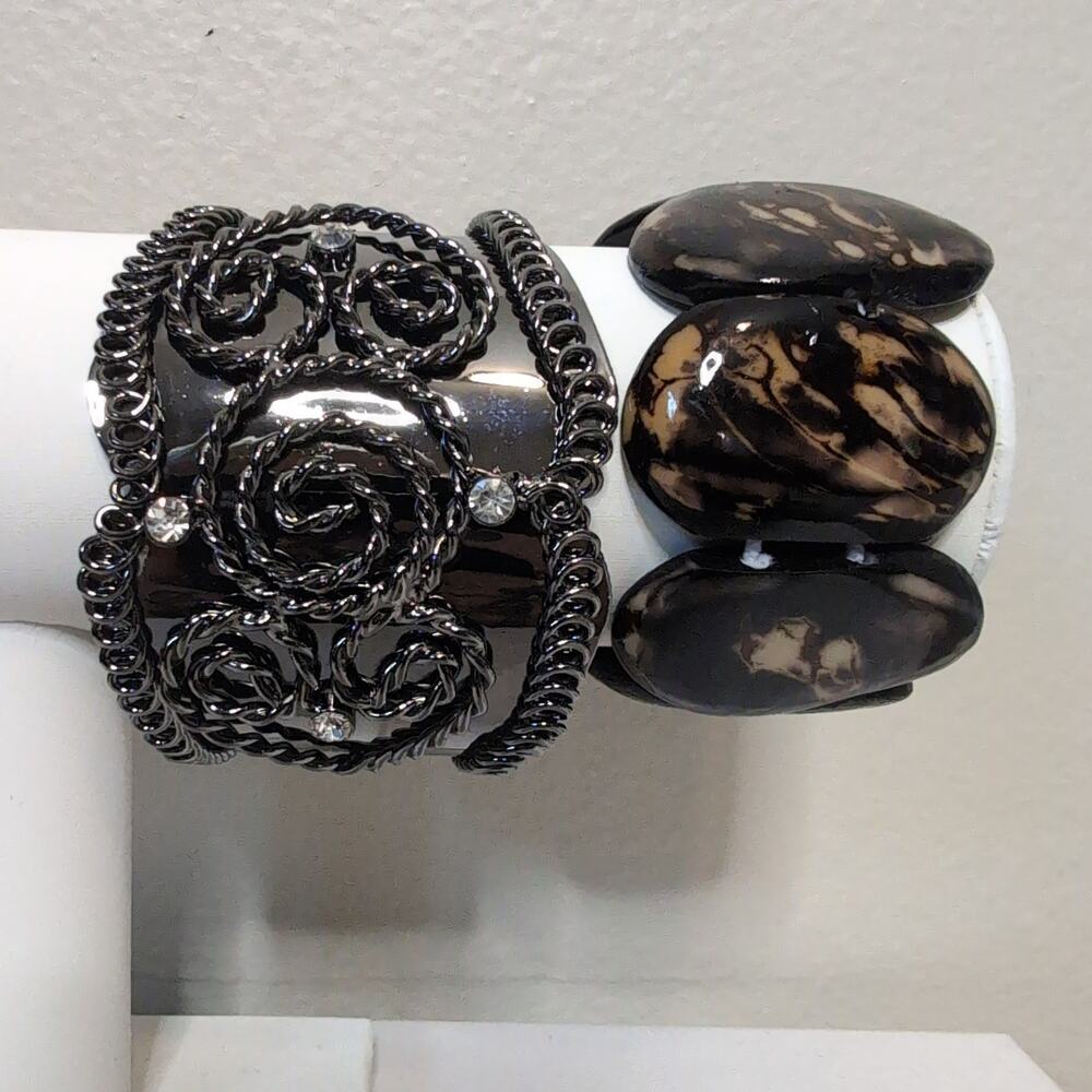Gunmetal Swirl Cuff And Tortoise Shell Beaded Bracelet Set